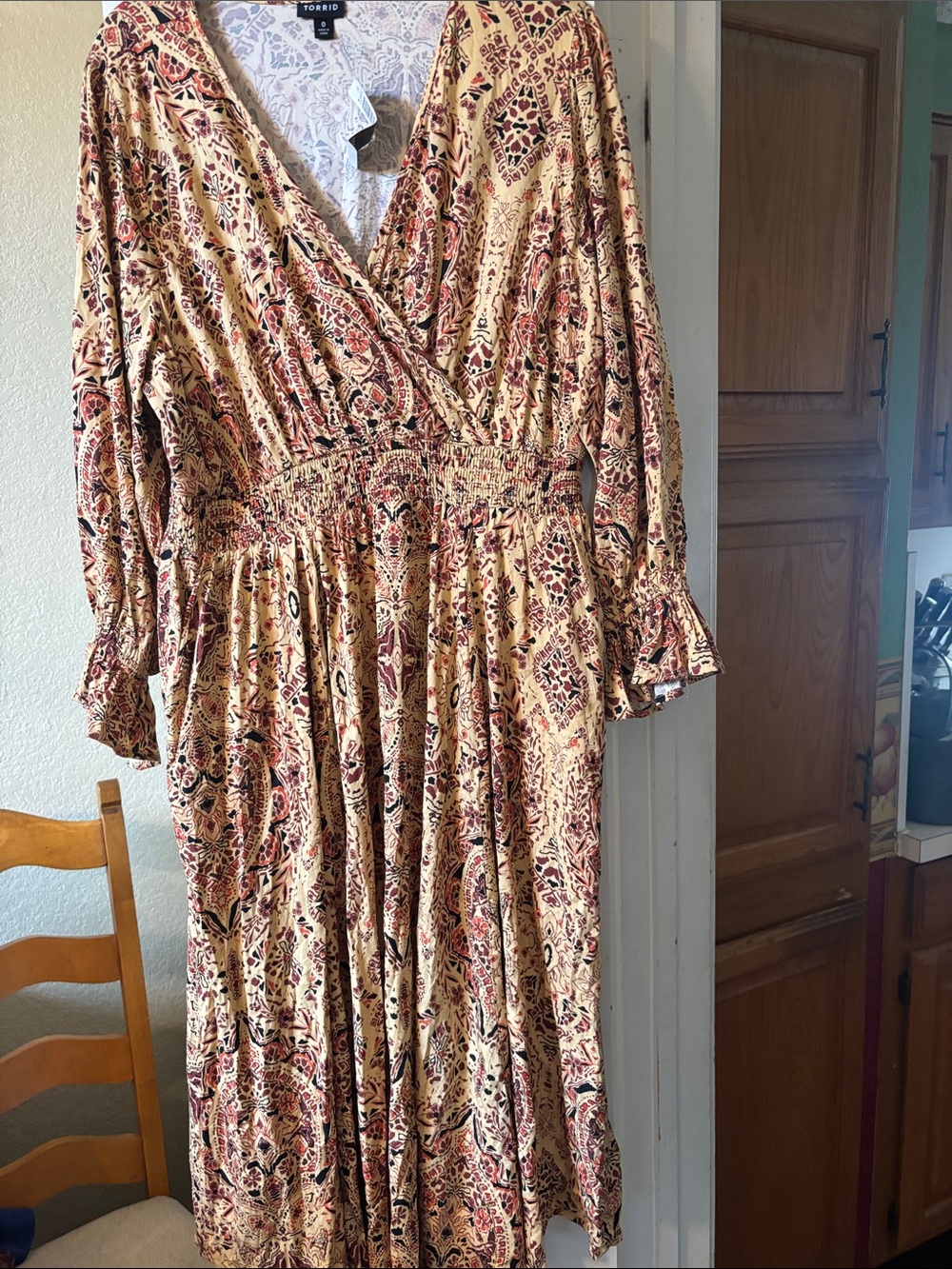 torrid Beige and Rust Paisley Long-Sleeve Wrap Maxi Dress